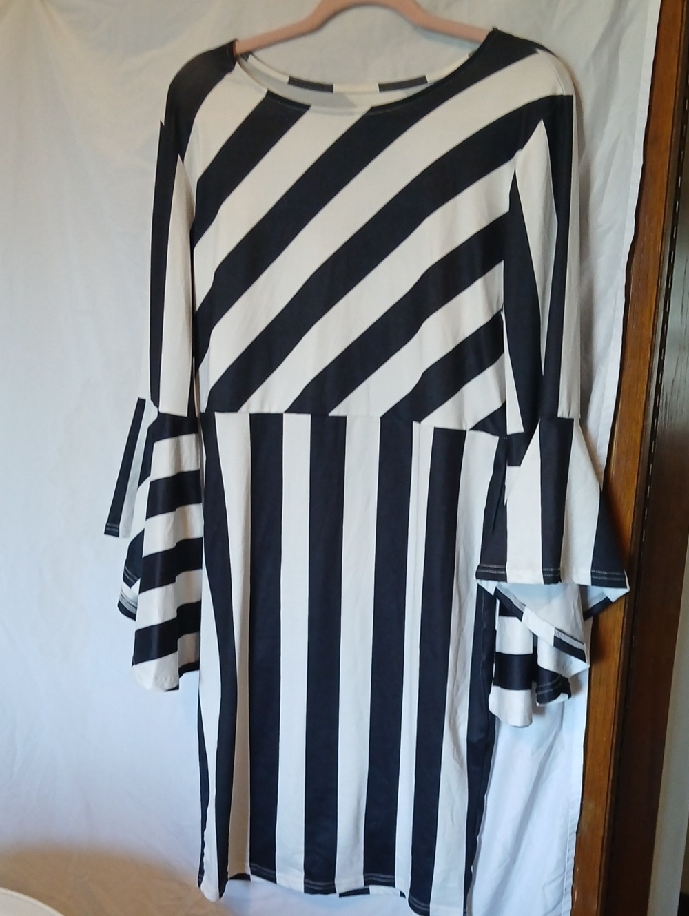 Black & White Striped Bell Sleeve Long-Sleeve Dress